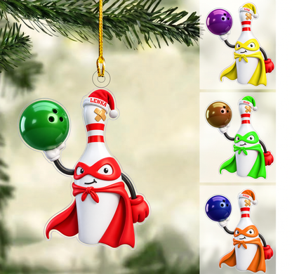 Personalized Superhero Bowler Christmas Ornament, Masked Pin Mascot With Cape, Custom Ornament Christmas Gift, Keychain Bowling, Car Ornament Bowling