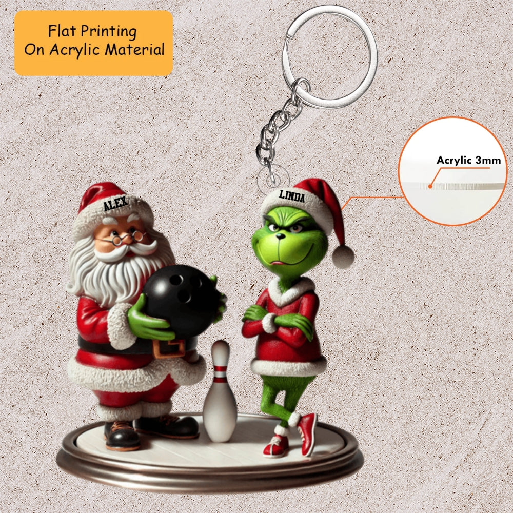 Personalized Bowling Santa Acrylic Ornament, Bowling Keychain, Car Ornament, Christmas Ornament Gifts