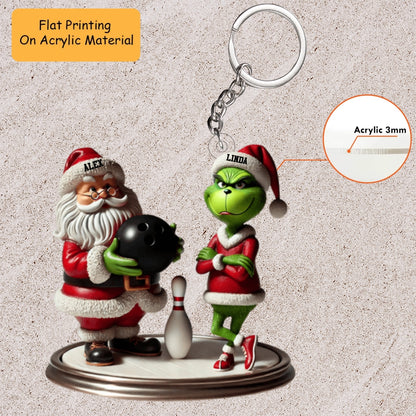 Personalized Bowling Santa Acrylic Ornament, Bowling Keychain, Car Ornament, Christmas Ornament Gifts