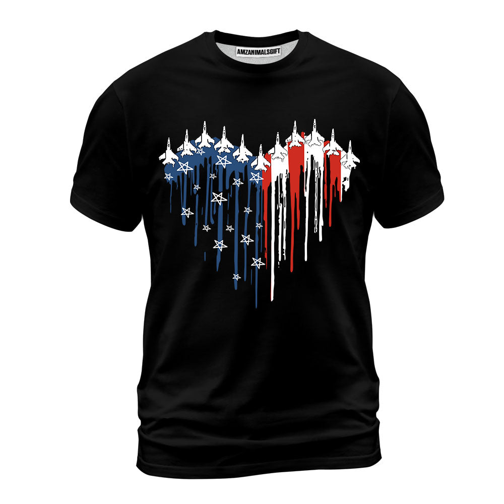 Fighter Jet Heart American 4th of July Women's Flag Patriotic Independence Day Women T-Shirt