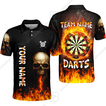 Customized Darts Team Polo Jersey, Darts Fire Skull Multi-Flame Dartboard Custom Uniform Team Shirt for Darts Players