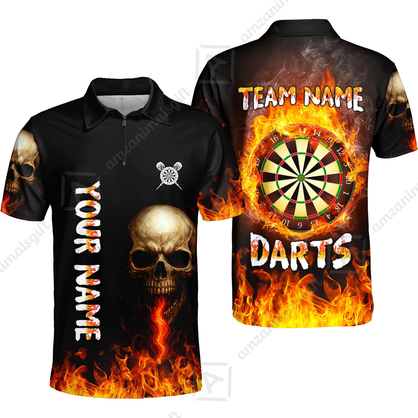 Customized Darts Team Polo Jersey, Darts Fire Skull Multi-Flame Dartboard Custom Uniform Team Shirt for Darts Players