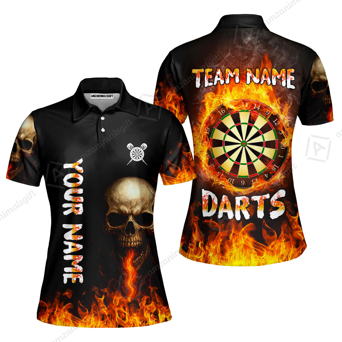 Customized Darts Team Polo Jersey, Darts Fire Skull Multi-Flame Dartboard Custom Uniform Team Shirt for Darts Players