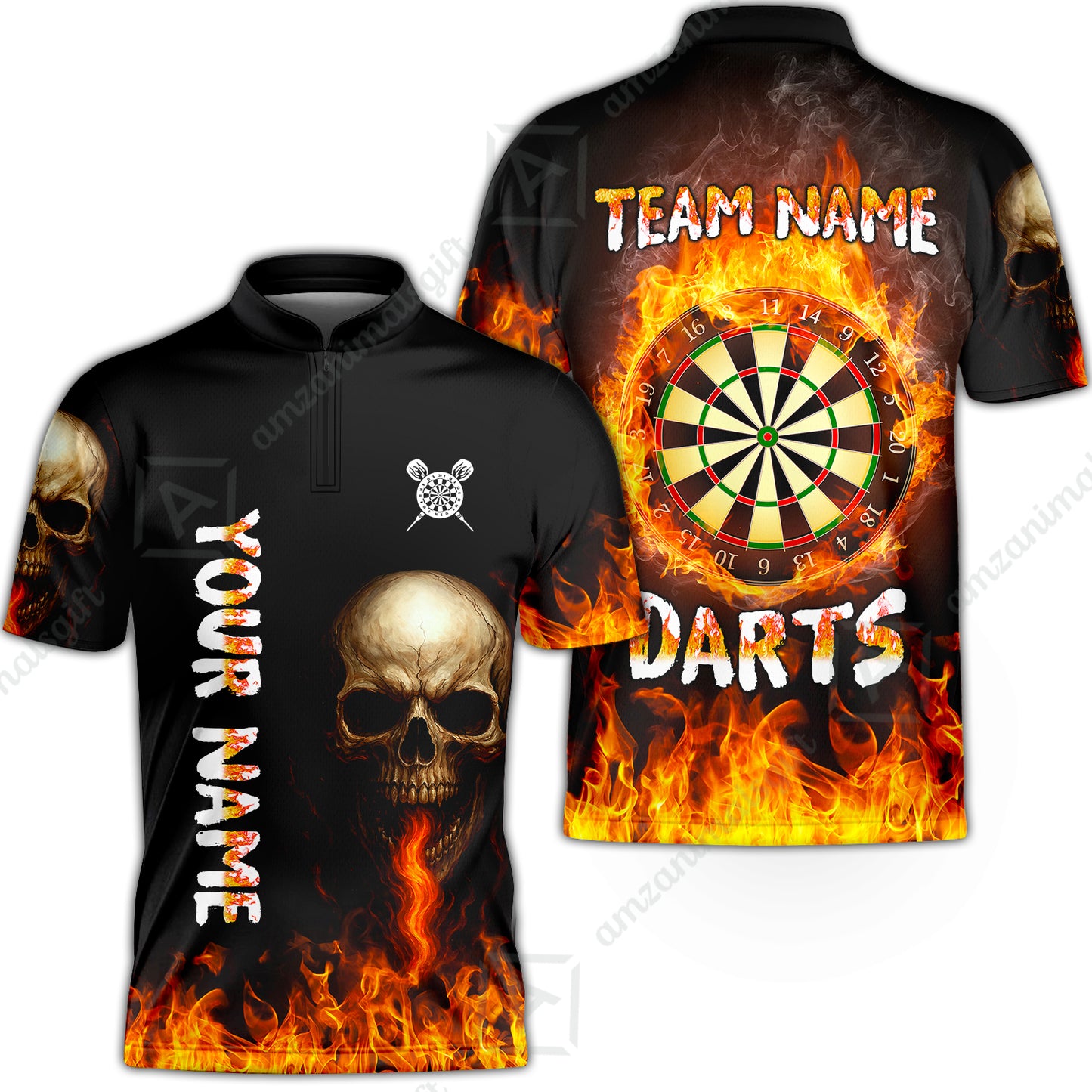 Customized Darts Team Polo Jersey, Darts Fire Skull Multi-Flame Dartboard Custom Uniform Team Shirt for Darts Players