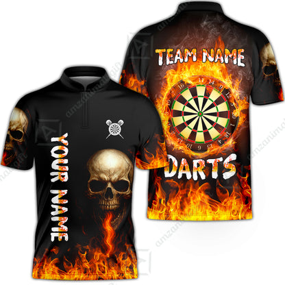 Customized Darts Team Polo Jersey, Darts Fire Skull Multi-Flame Dartboard Custom Uniform Team Shirt for Darts Players
