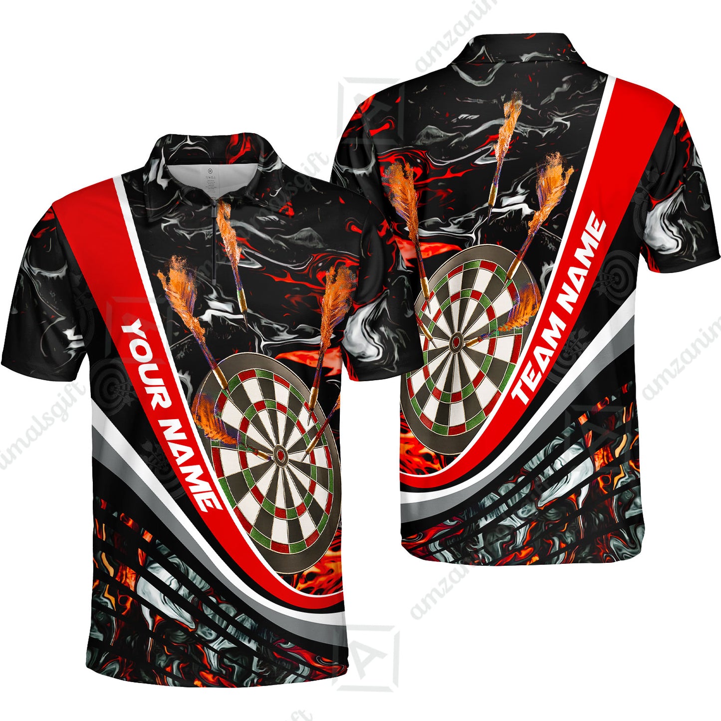 Customized Darts Quarter-Zip Polo Shirt, Darts Flaming Magma Multicolor Zip Polo Shirt Team Jersey For Darts Player