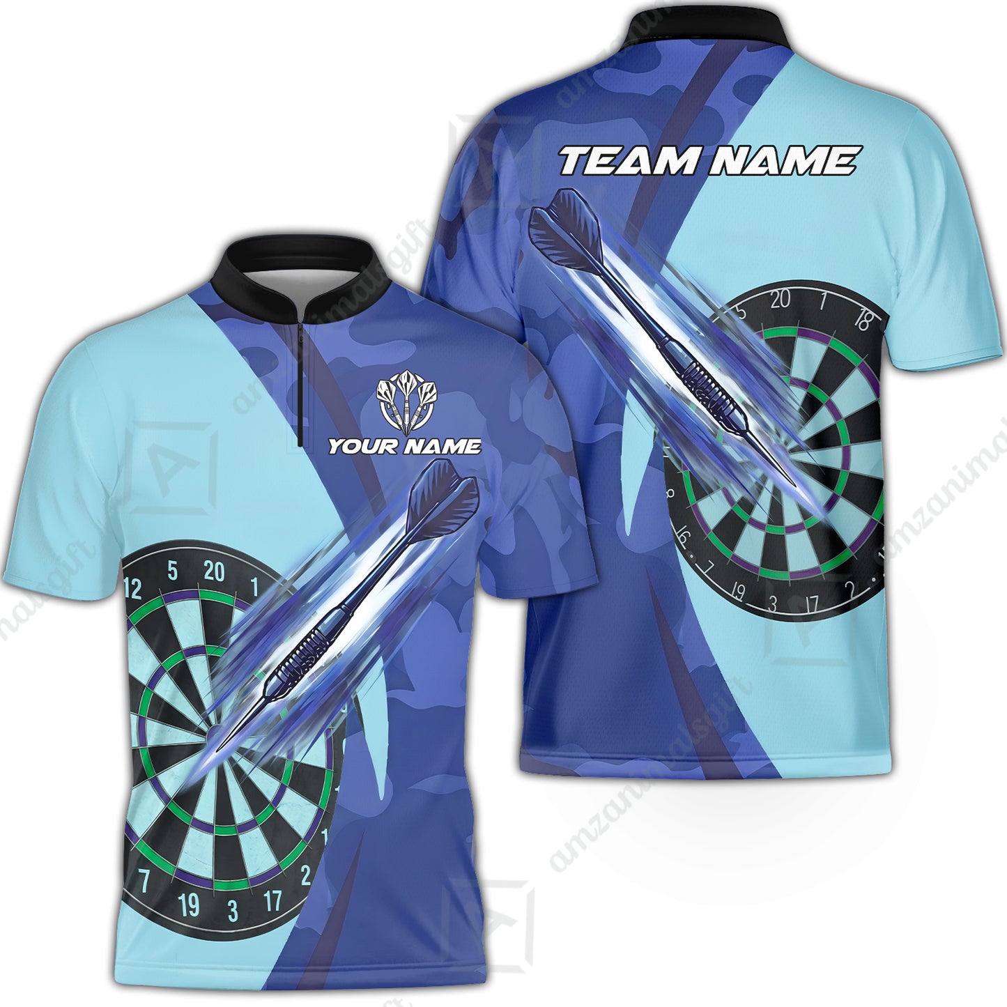 Stand Collar Quarter-Zip Shirt||Blue