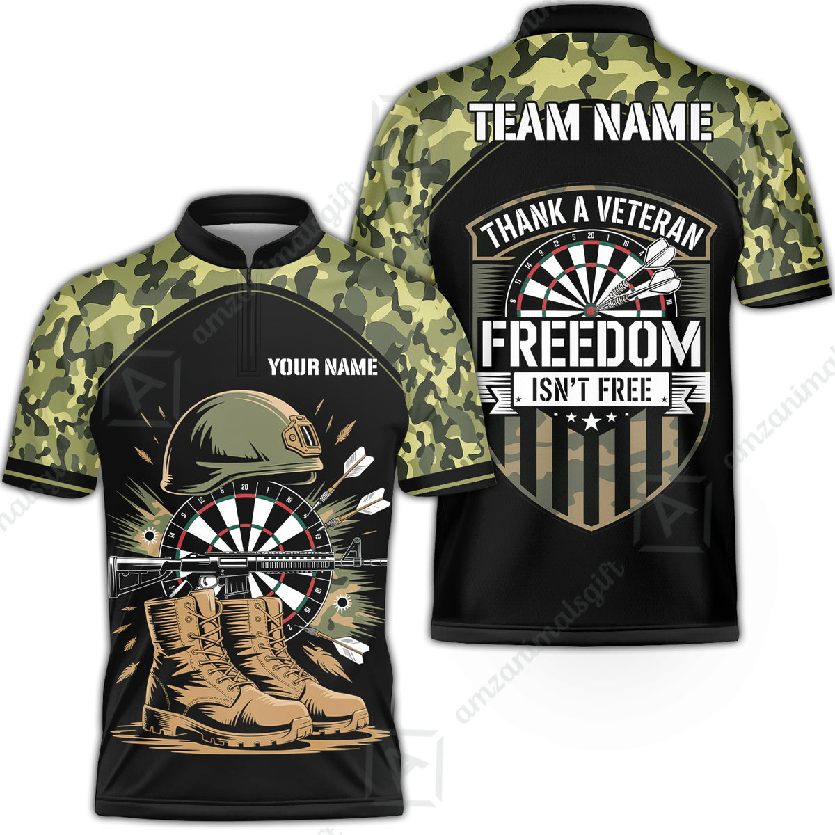 Custom Military Green Camouflage Dartboard Collar Quater-Zip Jersey Team Shirts, Customized Name Team Name Darts Team Jerseys Uniform