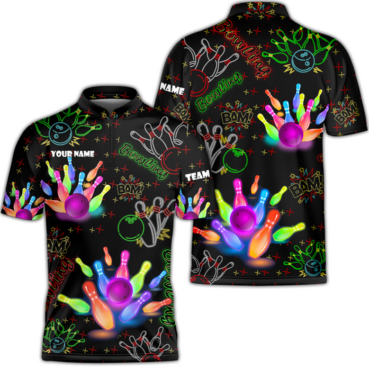 Custom Colorful Neon Bowling Team Jerseys Polo Shirts, Bowling uniforms, Funny Bowling Ball Colorful Neon Bowling Personalized Name And Team Name