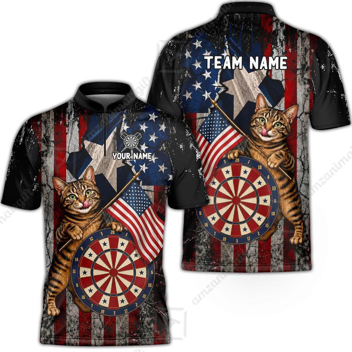 Custom Dart Jersey Team Shirt For Players, American Flag and Alley Cats, Personalize Name and Team Name