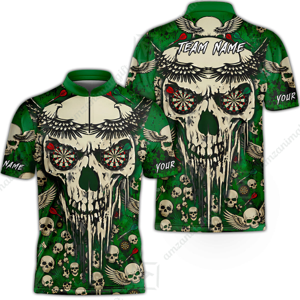 Stand Collar Quarter-Zip Shirt||Green