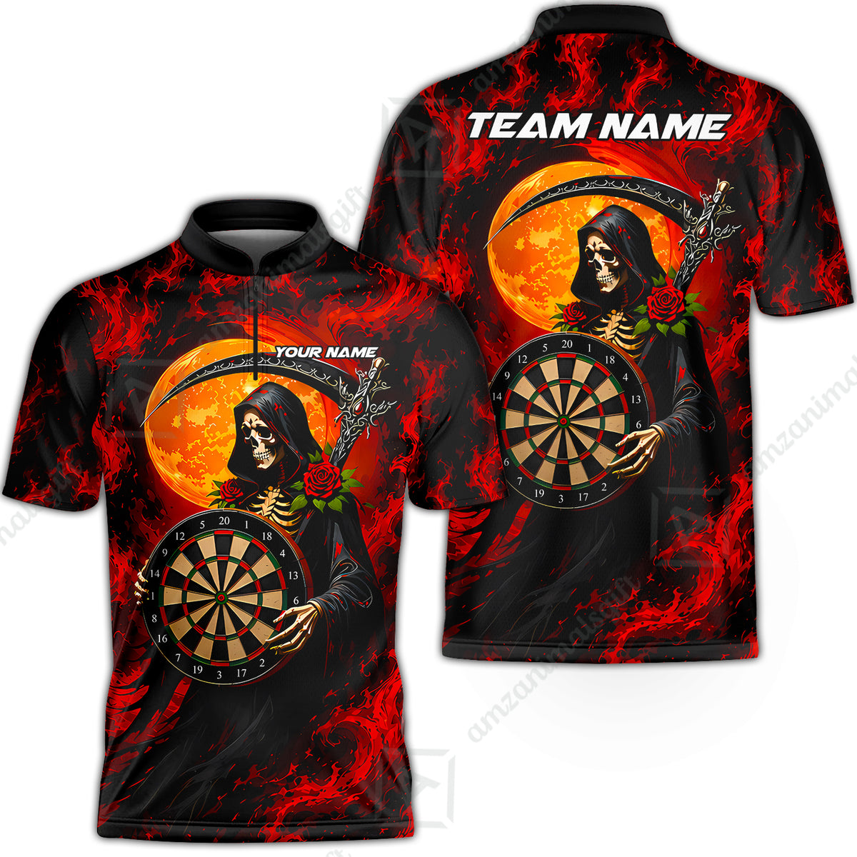 Customized Grim Reaper Holding Dartboard In Moonlight Halloween Darts Jersey, Personalized Name And Team Name For Players