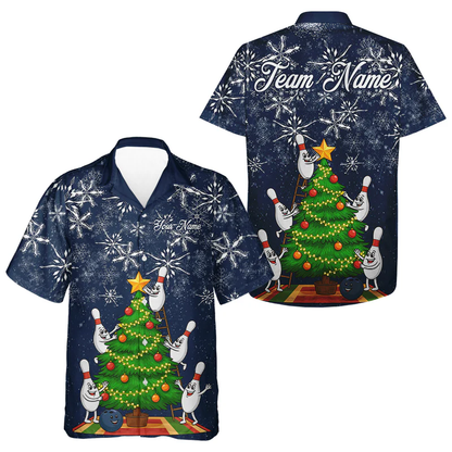 Custom Funny Christmas Tree Snowflake Bowling Polo Shirts, Christmas Bowling Uniforms - Bowling Polo Personalized Name And Team Name
