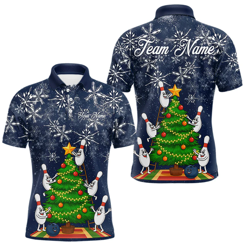 Custom Funny Christmas Tree Snowflake Bowling Polo Shirts, Christmas Bowling Uniforms - Bowling Polo Personalized Name And Team Name