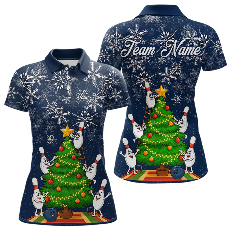 Custom Funny Christmas Tree Snowflake Bowling Polo Shirts, Christmas Bowling Uniforms - Bowling Polo Personalized Name And Team Name