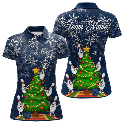 Custom Funny Christmas Tree Snowflake Bowling Polo Shirts, Christmas Bowling Uniforms - Bowling Polo Personalized Name And Team Name