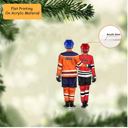 Personalized Hockey Couple Christmas Ornament, Back View Embracing In Jerseys, Custom Ornament Christmas Gift, Keychain Hockey Christmas, Car Ornament Hockey Christmas