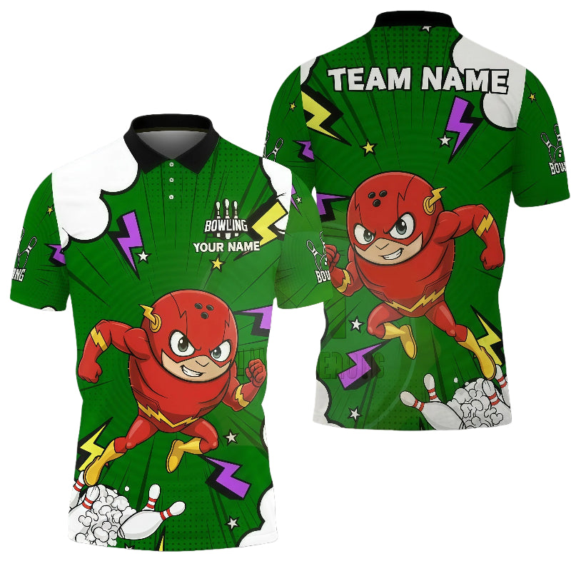 Customized Unisex Polo Shirt, Cartoon Speed Superhero, Uniform Bowling - Personalized Name And Team Name