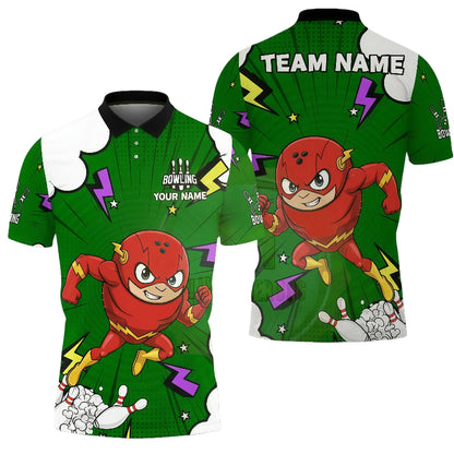 Customized Unisex Polo Shirt, Cartoon Speed Superhero, Uniform Bowling - Personalized Name And Team Name
