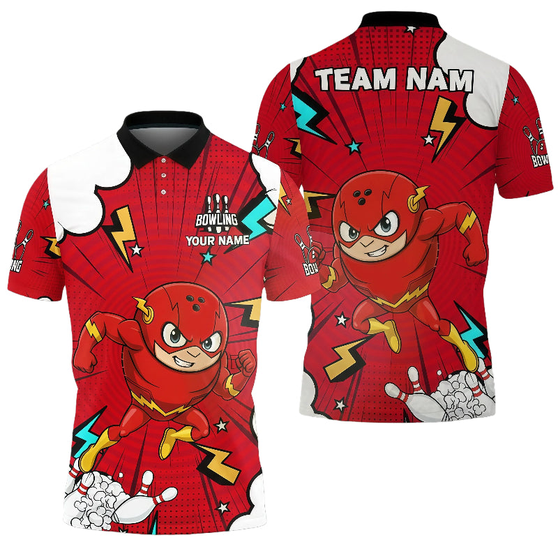 Customized Unisex Polo Shirt, Cartoon Speed Superhero, Uniform Bowling - Personalized Name And Team Name