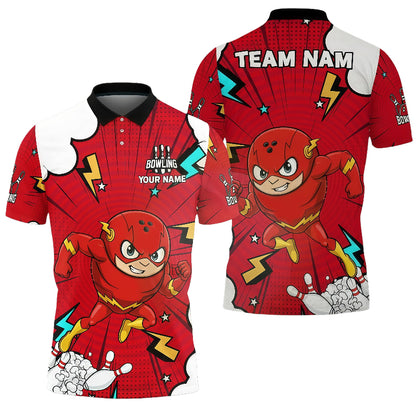 Customized Unisex Polo Shirt, Cartoon Speed Superhero, Uniform Bowling - Personalized Name And Team Name