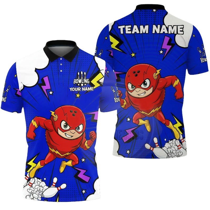 Customized Unisex Polo Shirt, Cartoon Speed Superhero, Uniform Bowling - Personalized Name And Team Name