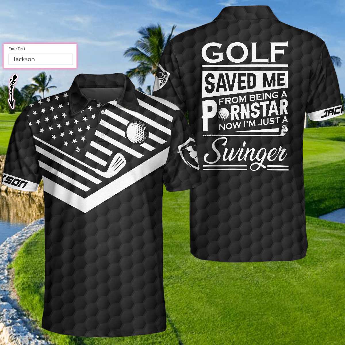 Men Golf Polo Shirt - Personalized Funny American Flag Golf Ball Golf Clubs Men Polo Shirt, Golf Saved Me From Being A Pornstar Custom Shirt For Men