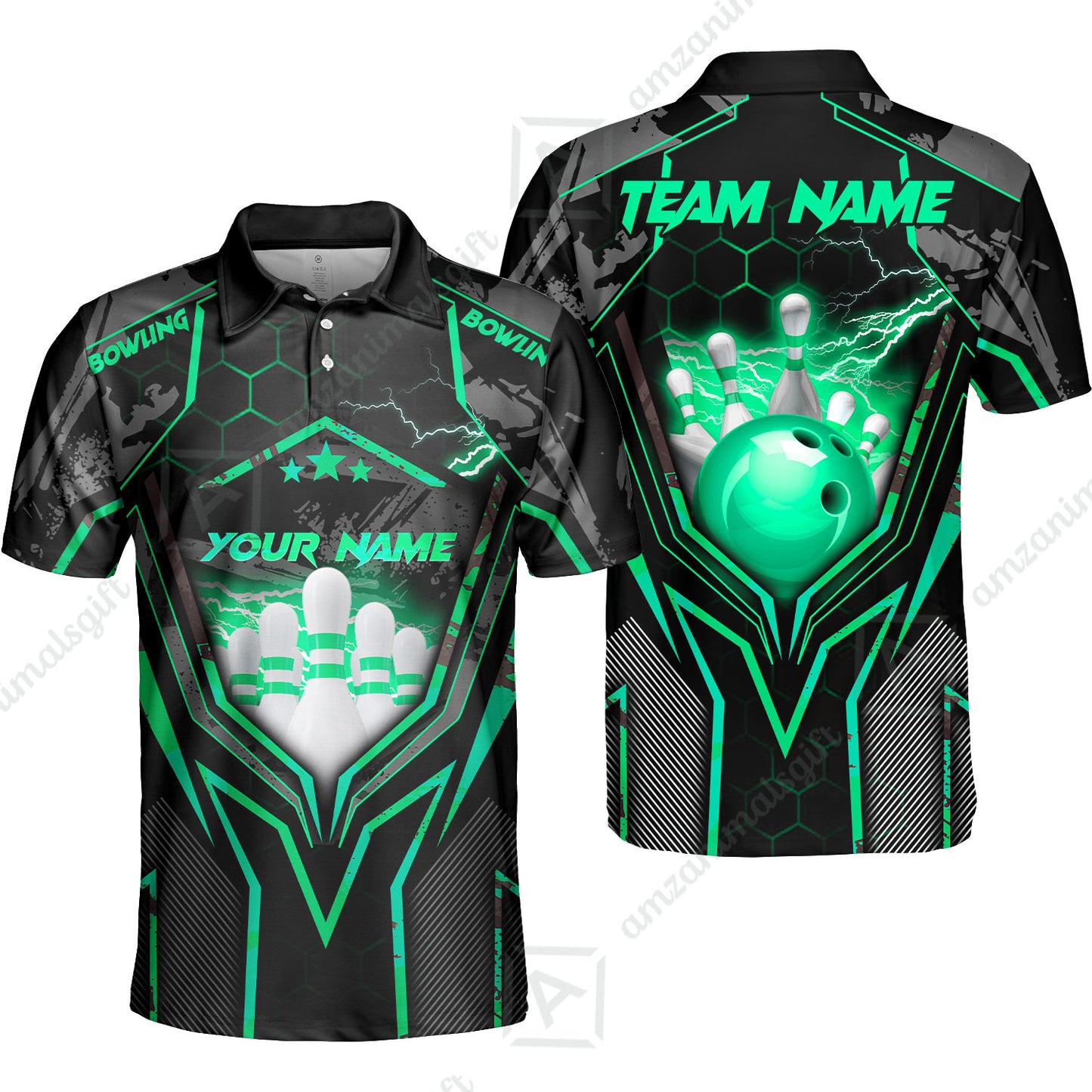 Customized Bowling Jersey, Bowling And Pins Abstract Grunge Texture X Multicolor Option Customized Name And Team Name Zipper Polo Jerseys Shirts