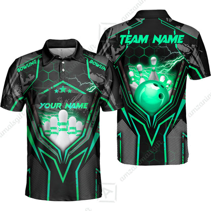 Customized Bowling Jersey, Bowling And Pins Abstract Grunge Texture X Multicolor Option Customized Name And Team Name Zipper Polo Jerseys Shirts