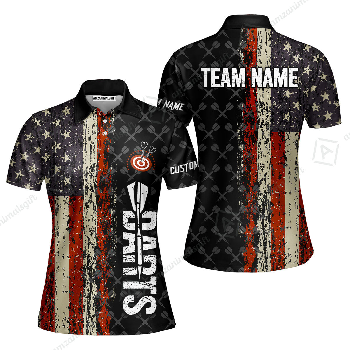 Customized American Flag Darts Polo Shirt, Darts Grunge Style Team Jersey Polo Shirt, Perfect Outfit for Darts Players
