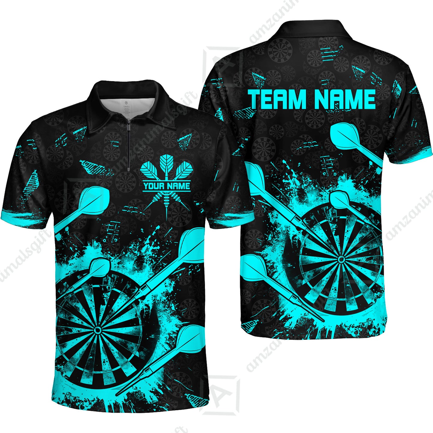 Customized Darts Quarter-Zip Polo Shirt, Darts Grunge Dartboard Zip Polo Shirt Team Style Jersey for Darts Players