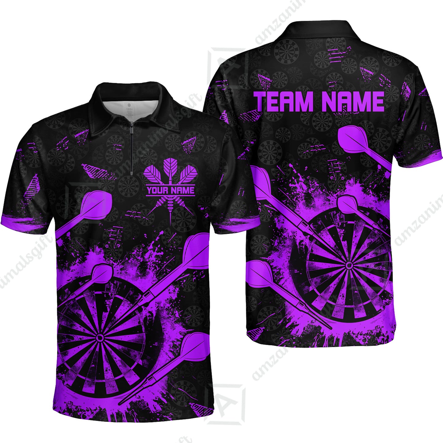 Customized Darts Quarter-Zip Polo Shirt, Darts Grunge Dartboard Zip Polo Shirt Team Style Jersey for Darts Players