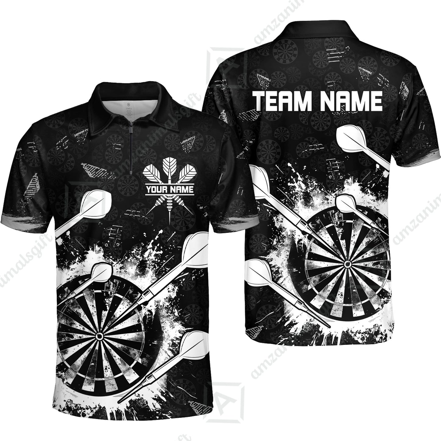 Customized Darts Quarter-Zip Polo Shirt, Darts Grunge Dartboard Zip Polo Shirt Team Style Jersey for Darts Players