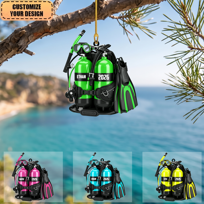 Personalized Ocean Adventure Christmas Ornament, Diving Gear Custom Name And Year, Custom Ornament Christmas Gift, Keychain Diving, Car Ornament Diving