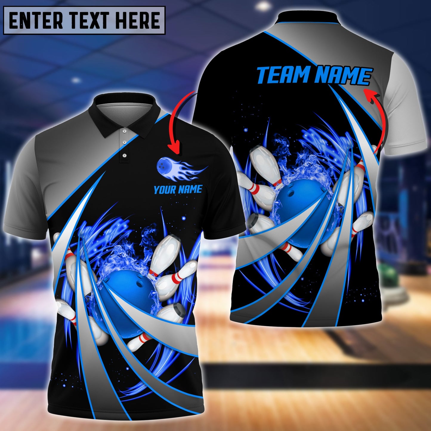 Customized Bowling Unisex Polo, Flame Bowling And Pins Tornado Pattern Multicolor Option Customized Name Zipper Polo Jerseys Shirts