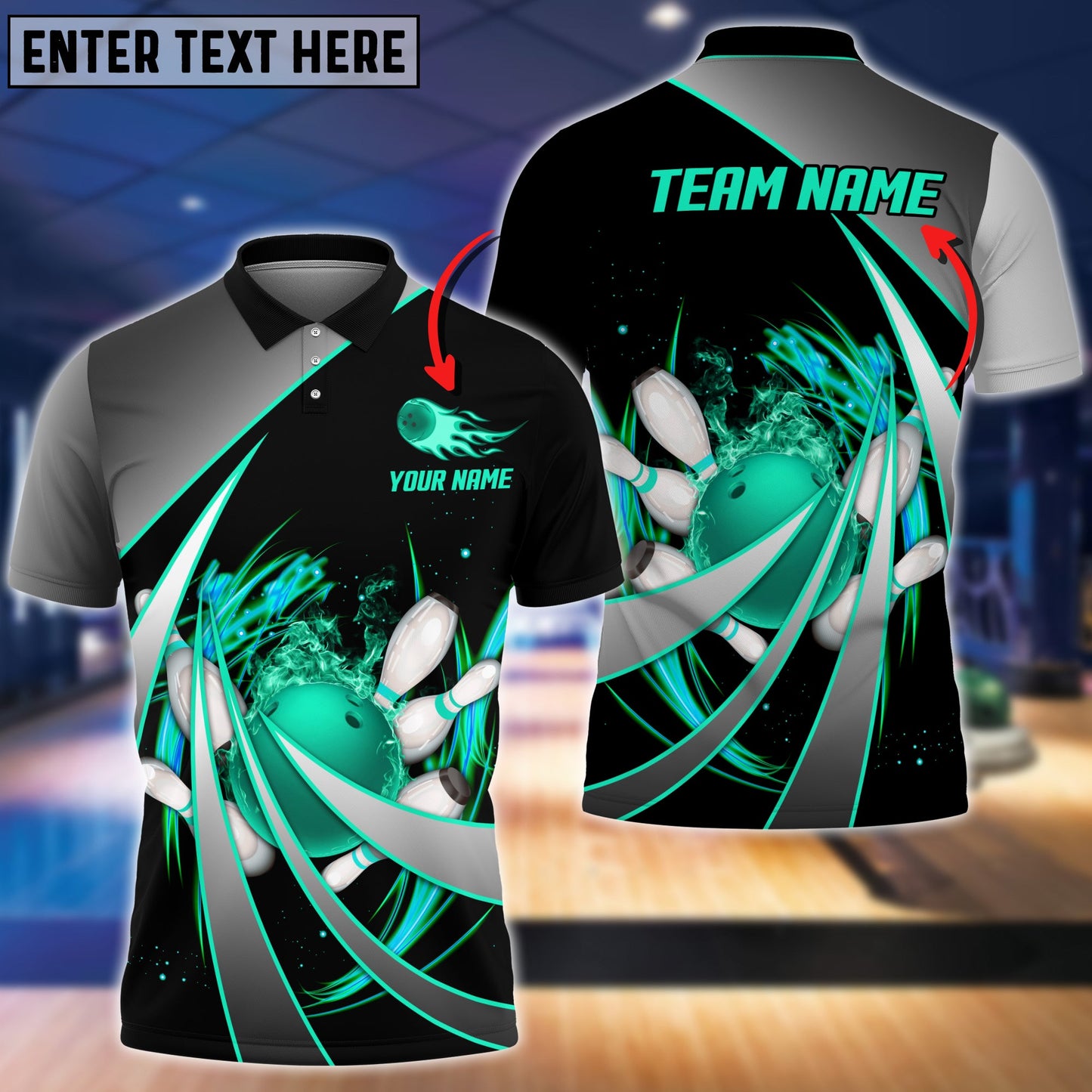 Customized Bowling Unisex Polo, Flame Bowling And Pins Tornado Pattern Multicolor Option Customized Name Zipper Polo Jerseys Shirts