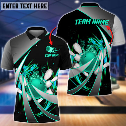 Customized Bowling Unisex Polo, Flame Bowling And Pins Tornado Pattern Multicolor Option Customized Name Zipper Polo Jerseys Shirts