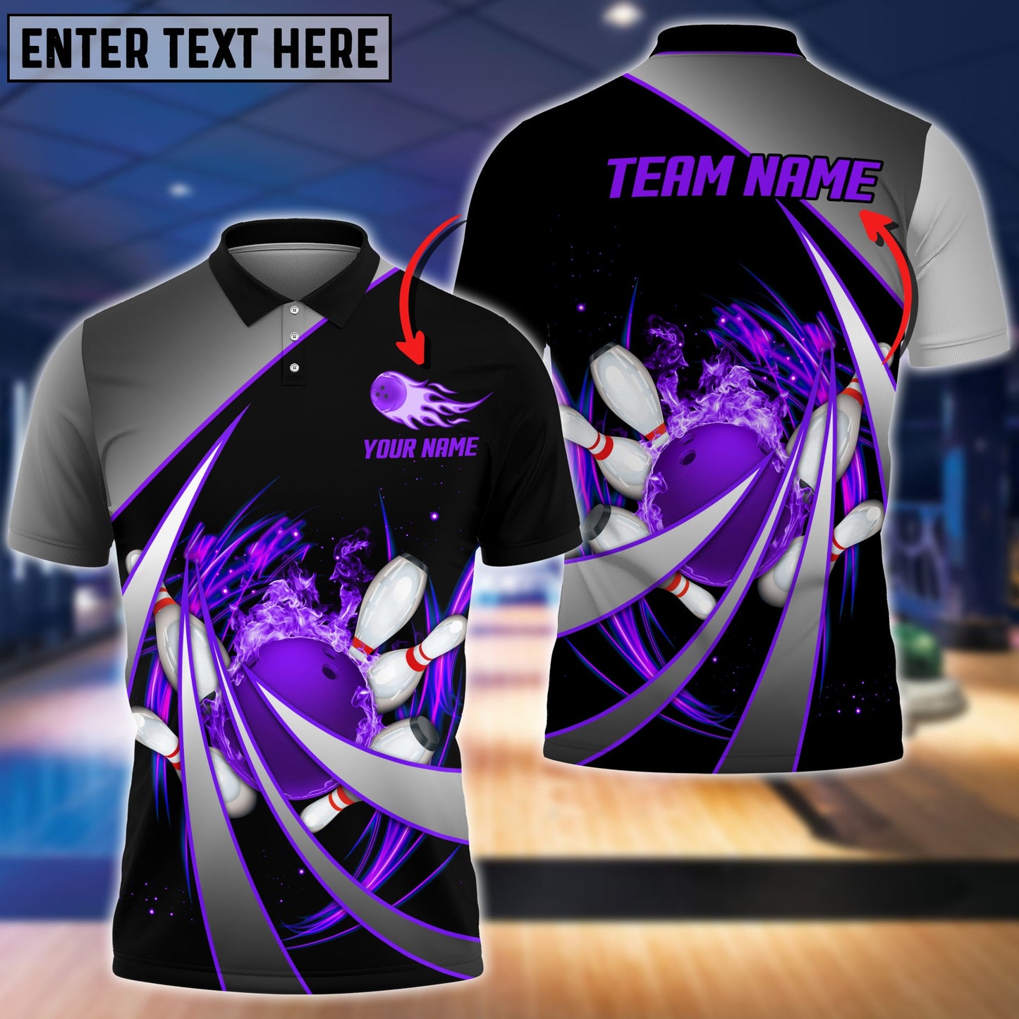 Customized Bowling Unisex Polo, Flame Bowling And Pins Tornado Pattern Multicolor Option Customized Name Zipper Polo Jerseys Shirts
