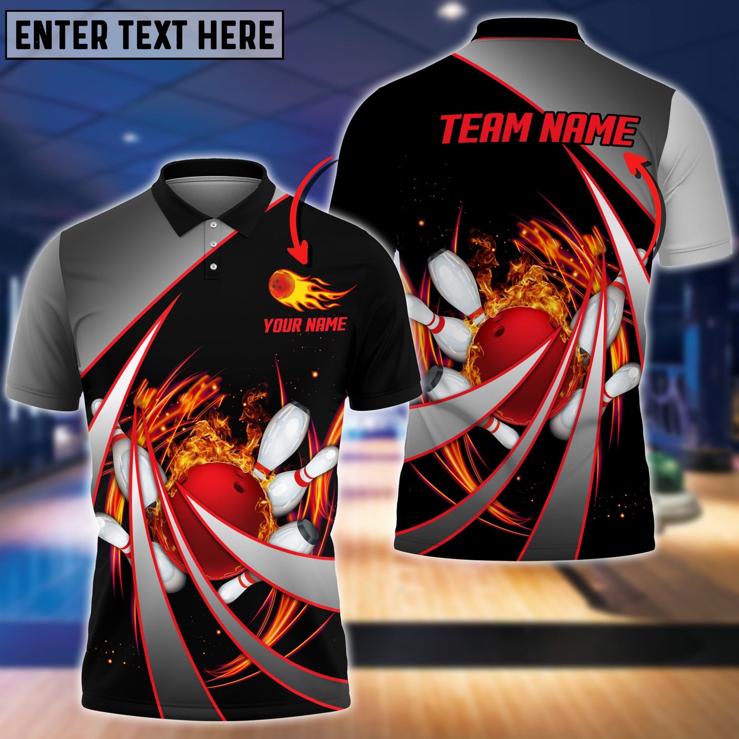 Customized Bowling Unisex Polo, Flame Bowling And Pins Tornado Pattern Multicolor Option Customized Name Zipper Polo Jerseys Shirts