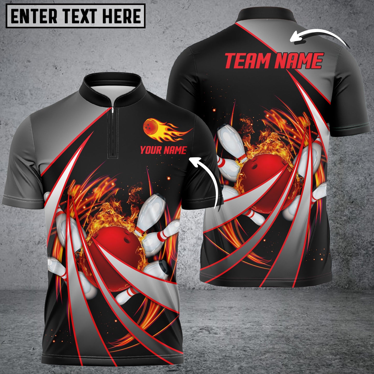 Customized Bowling Unisex Polo, Flame Bowling And Pins Tornado Pattern Multicolor Option Customized Name Zipper Polo Jerseys Shirts