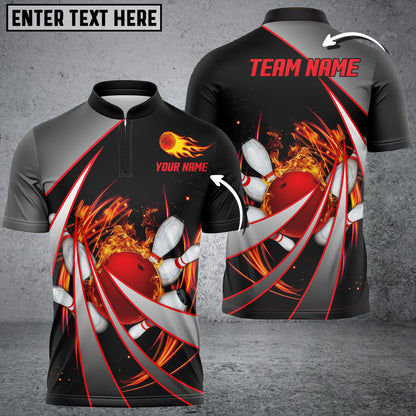 Customized Bowling Unisex Polo, Flame Bowling And Pins Tornado Pattern Multicolor Option Customized Name Zipper Polo Jerseys Shirts