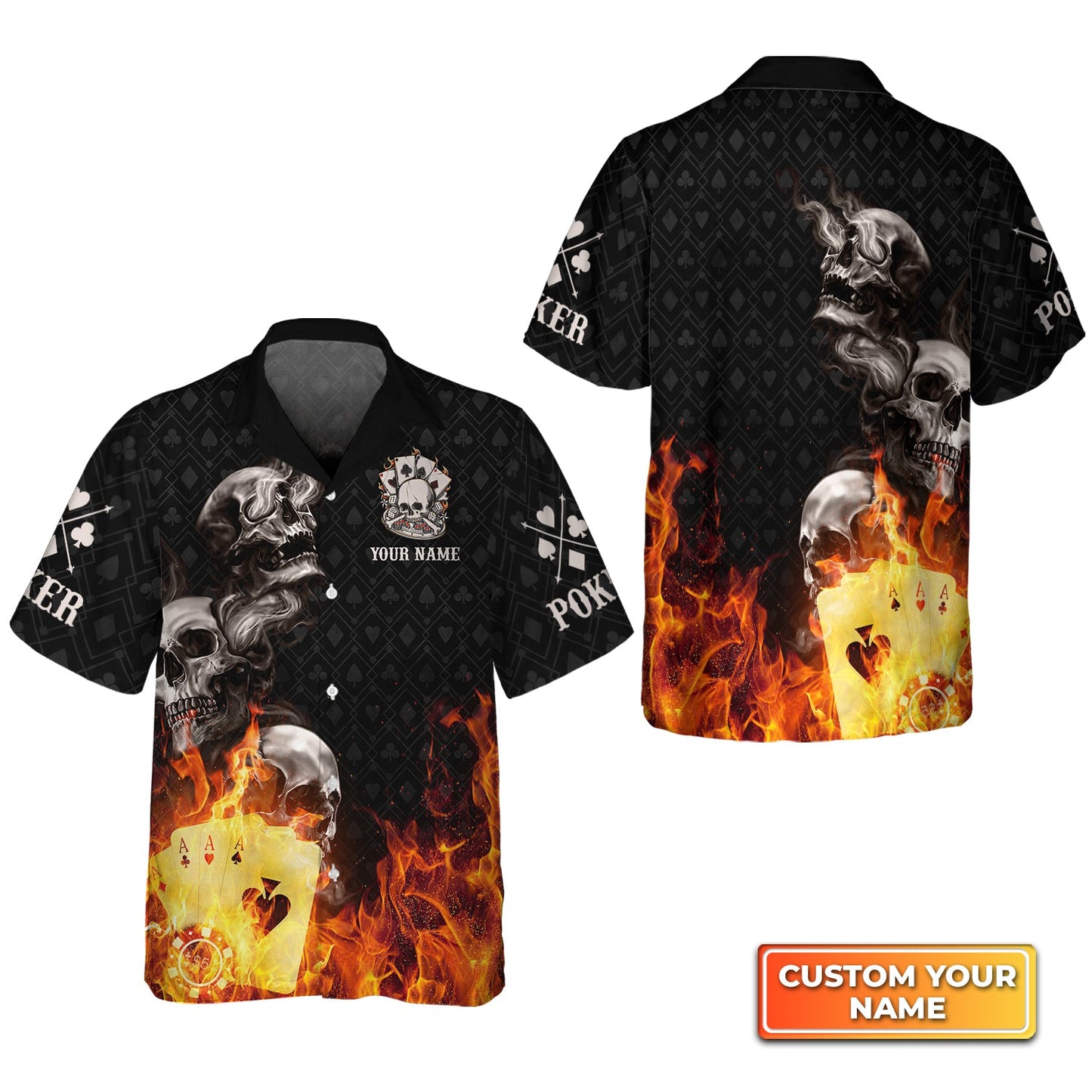 Customized Poker Shirt, Poker Four Of A Kind Aces Skull On Fire Shirts, Perfect Outfit For Poker Players