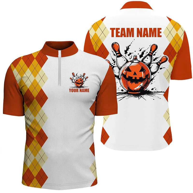 Halloween orange argyle pattern bowling pumpkins shirts , Custom  Team Polo Shirt, Bowling uniforms Personalized Name And Team Name