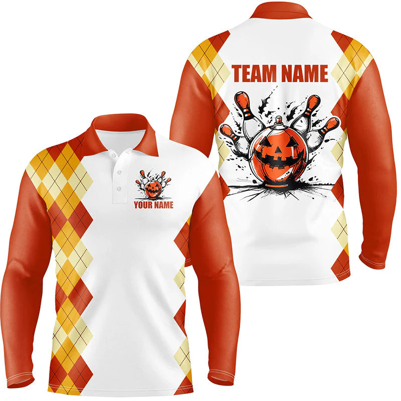Halloween orange argyle pattern bowling pumpkins shirts , Custom  Team Polo Shirt, Bowling uniforms Personalized Name And Team Name
