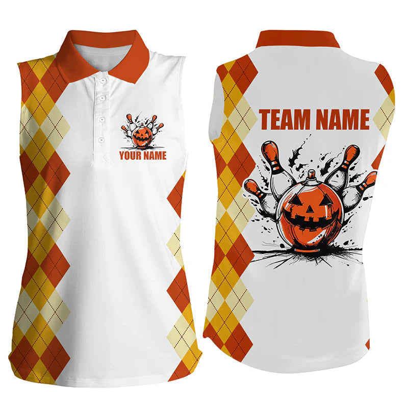 Halloween orange argyle pattern bowling pumpkins shirts , Custom  Team Polo Shirt, Bowling uniforms Personalized Name And Team Name