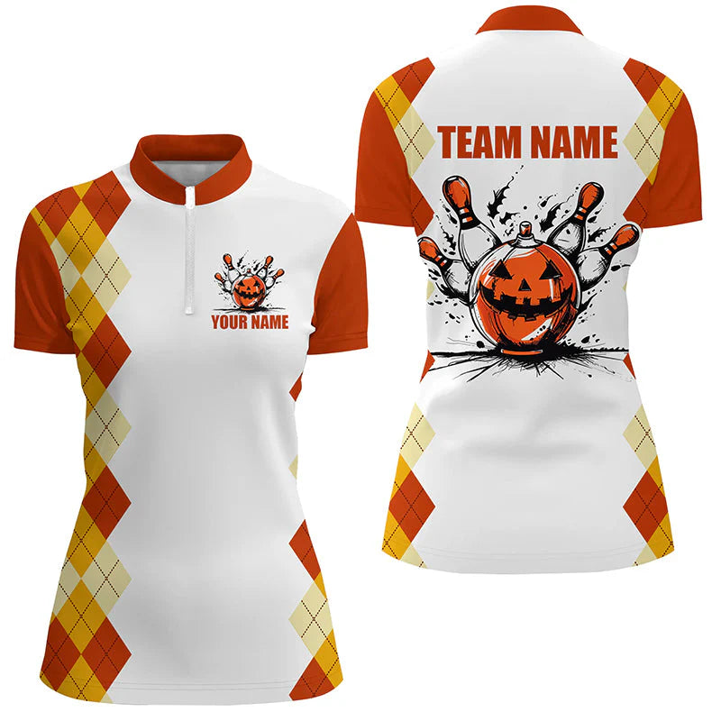 Halloween orange argyle pattern bowling pumpkins shirts , Custom  Team Polo Shirt, Bowling uniforms Personalized Name And Team Name