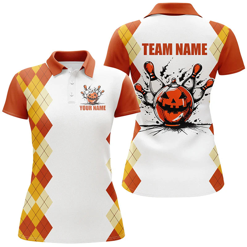 Halloween orange argyle pattern bowling pumpkins shirts , Custom  Team Polo Shirt, Bowling uniforms Personalized Name And Team Name