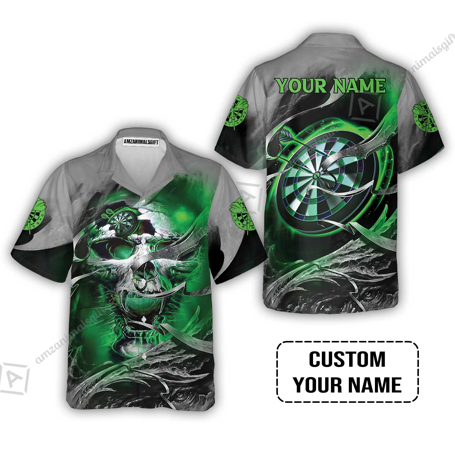 Customized Name Darts Hawaiian Shirt, Green Skull Light Dartboard Personalized Hawaiian Shirt