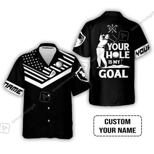 Custom Golf Hawaiian Shirt - Your Hole Is My Goal Custom Name Black American Flag Hawaiian Shirt