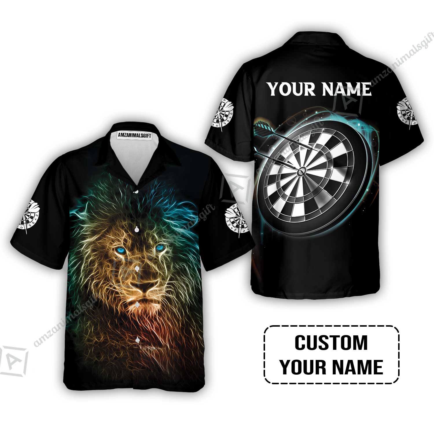 Customized Name Darts Hawaiian Shirt, Blue Bullseye Dartboard Personalized Lion And Darts Hawaiian Shirt